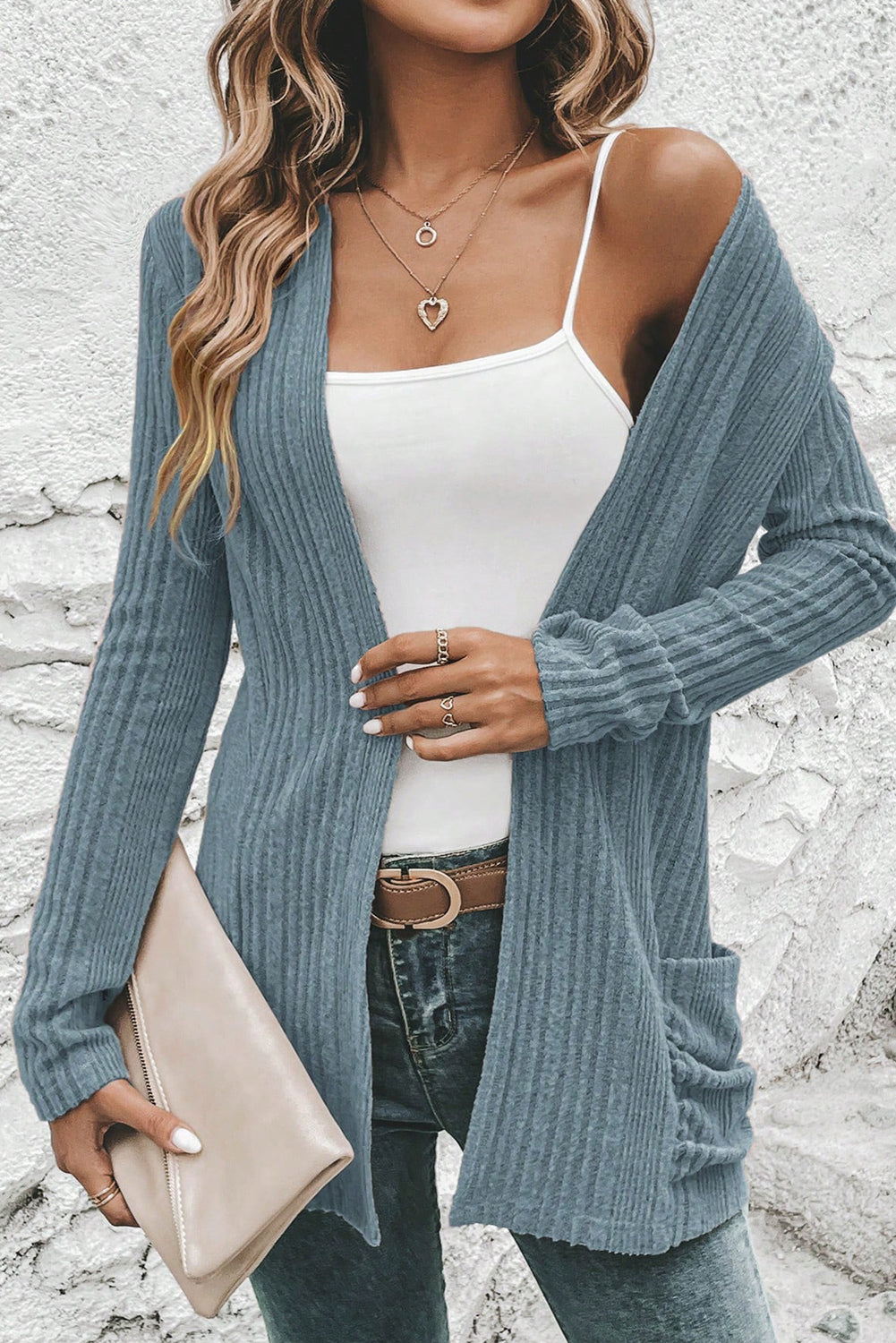 Black Ribbed Open Front Knitted Top with Pockets