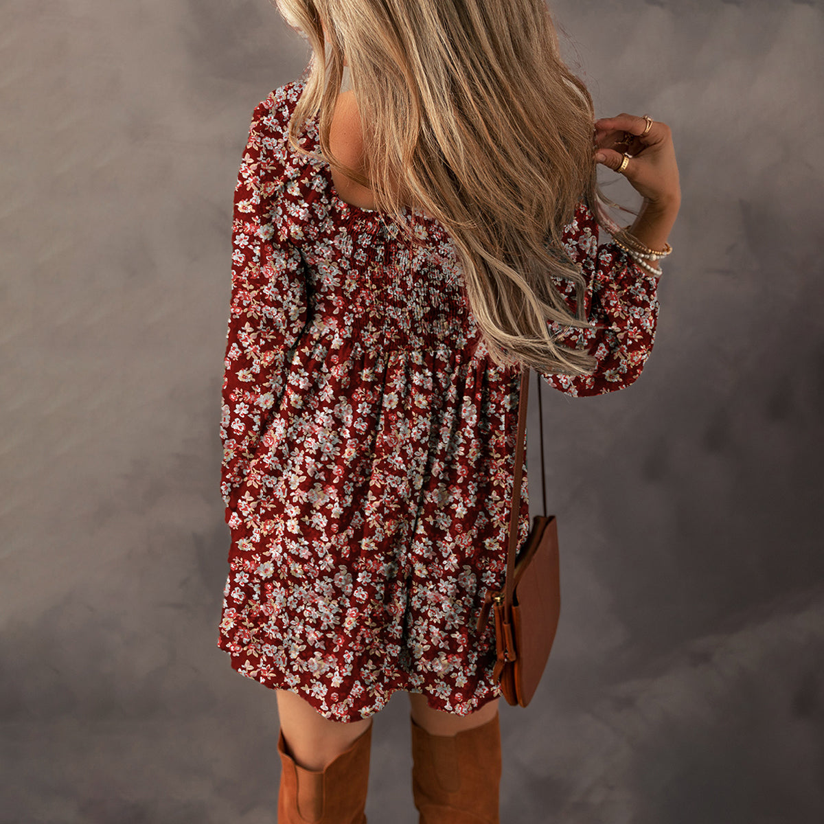 Red Floral Print Sweetheart Neck Shirred Back Mini Dress
