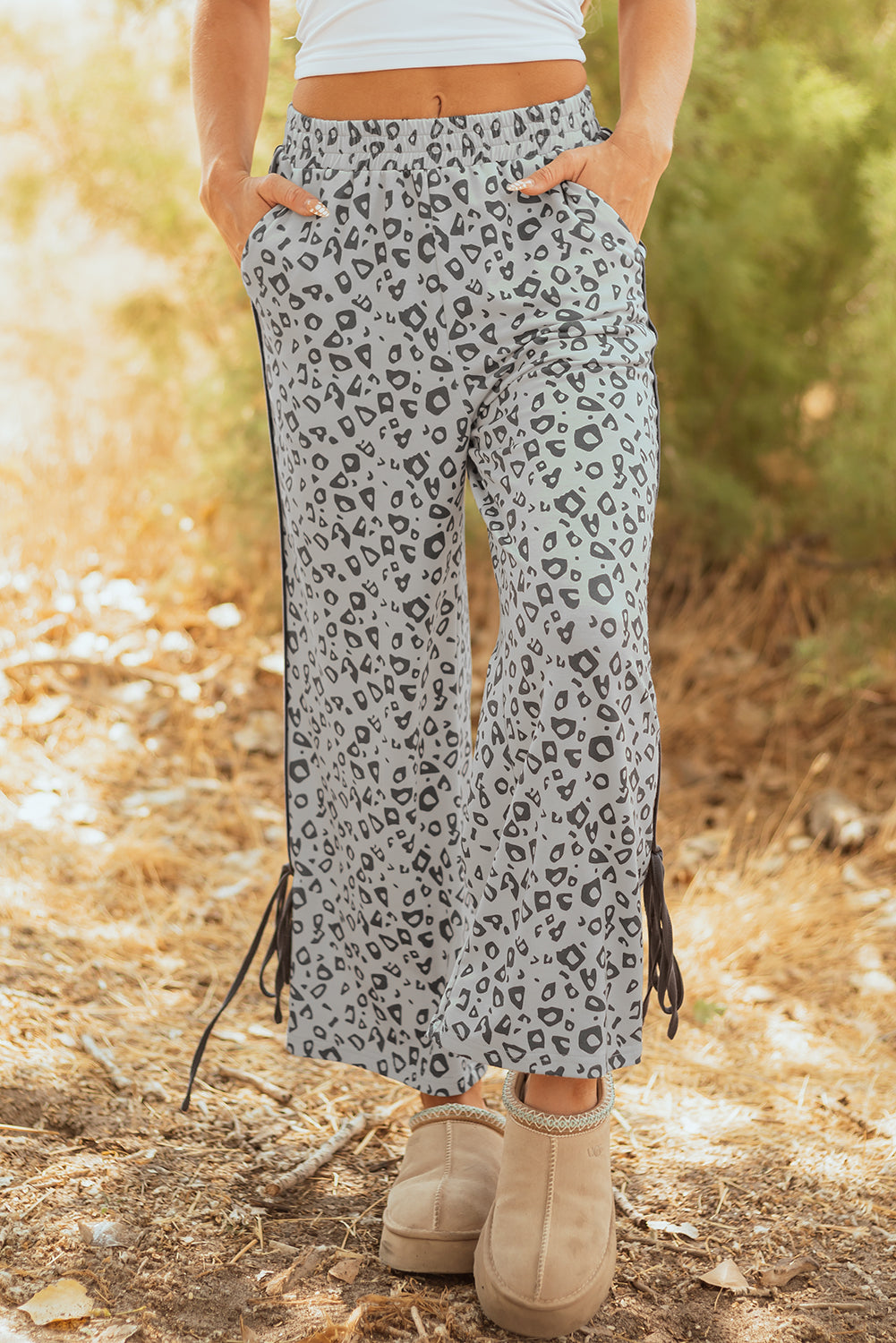 Gray Leopard Tied Leg Straight Cropped Loose Casual Pants