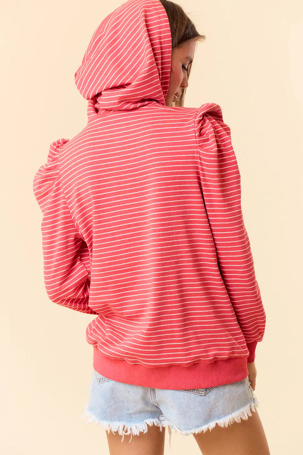 Red Stripe Puff Sleeve Stripe Hoodie