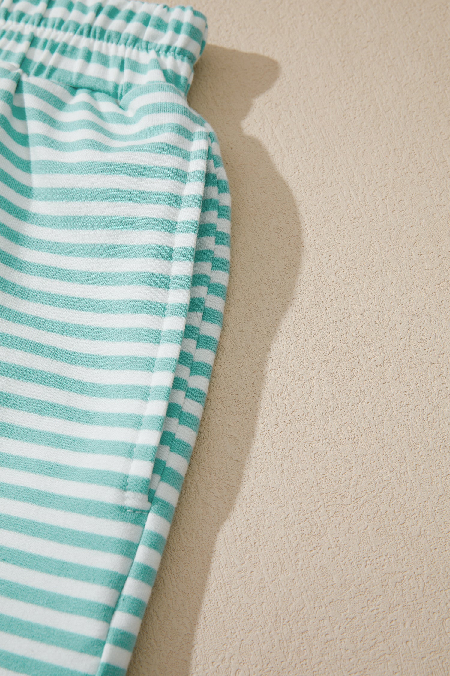 Sky Blue Stripe Cuffed Sleeve Contrast Mock Neck Tee Casual 2pcs Short Set