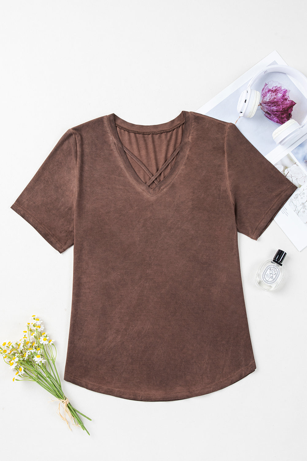 Chestnut Mineral Wash Criss Cross V Neck Casual T Shirt