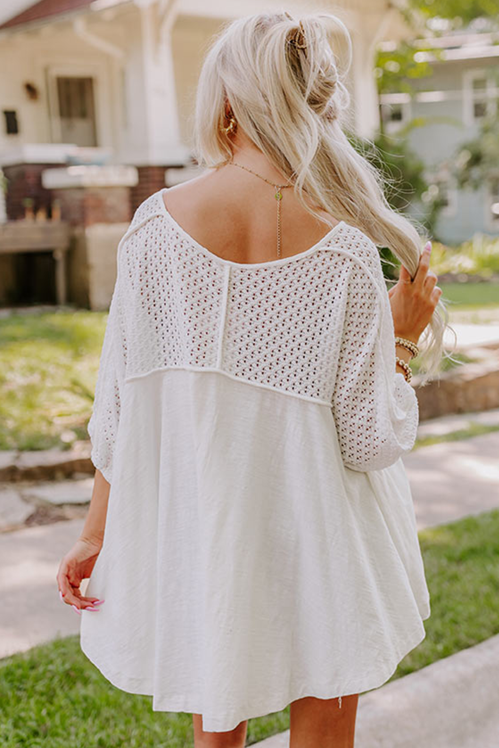 White Eyelet Patchwork High Low Hem V Neck Oversized Top