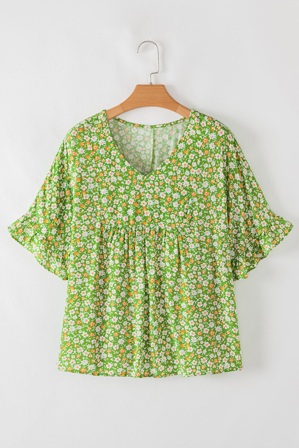 Green Floral Print Ruffle Sleeve V Neck Blouse Top