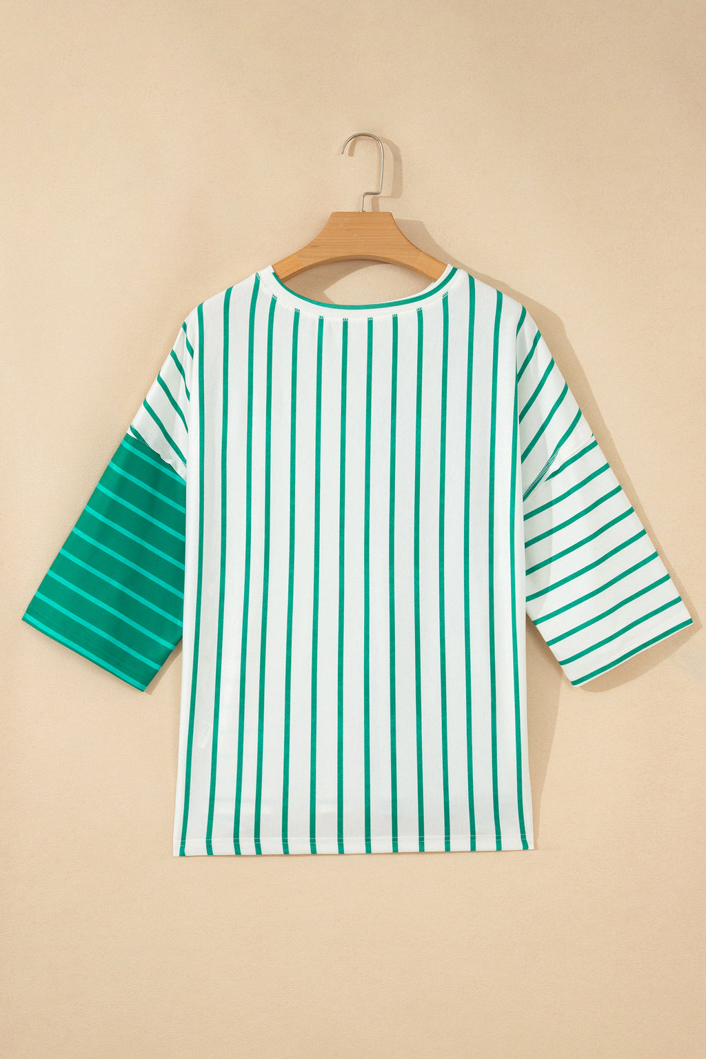 Pink Stripe Colorblock 3/4 Sleeve Loose T Shirt