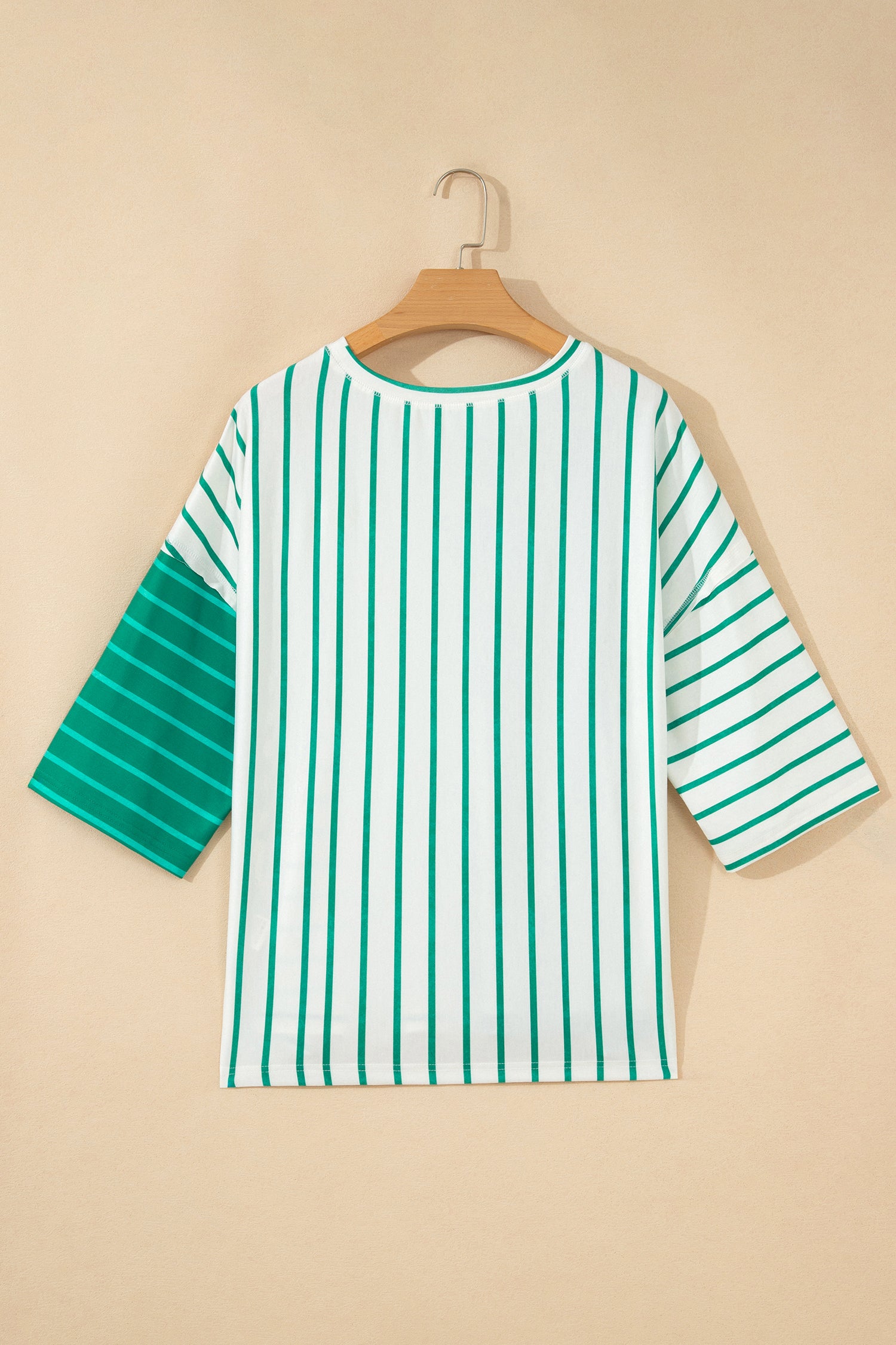 Pink Stripe Colorblock 3/4 Sleeve Loose T Shirt