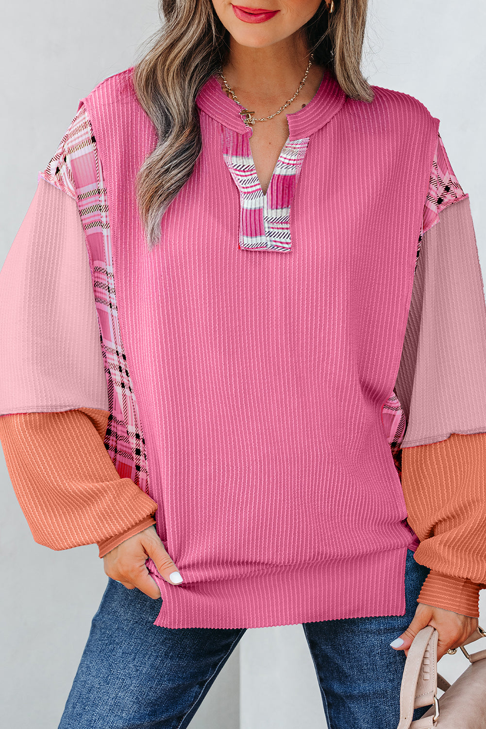 Rose Red Corded Texture Plaid Colorblock Patchwork Split Neck Long Sleeve Top