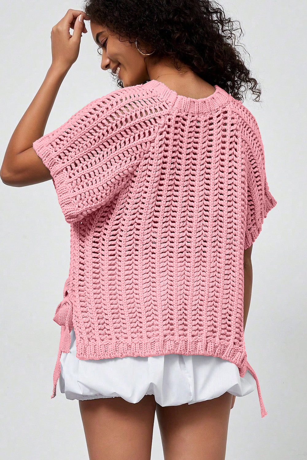 Apricot Plus Size Open Knit Bow Tie Short Sleeve Sweater