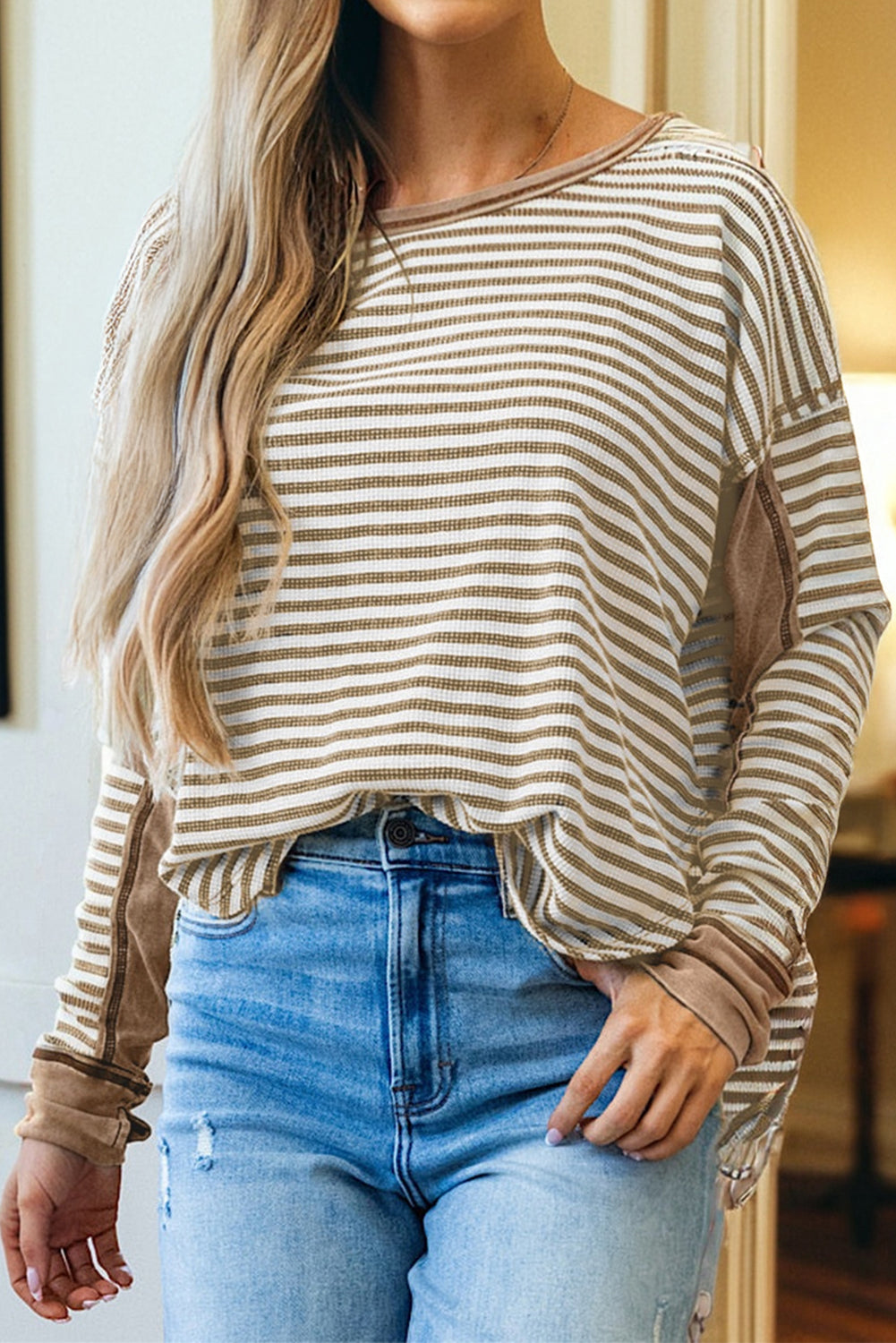 Black Stripe Thermal Knit Drop Shoulder Casual Top