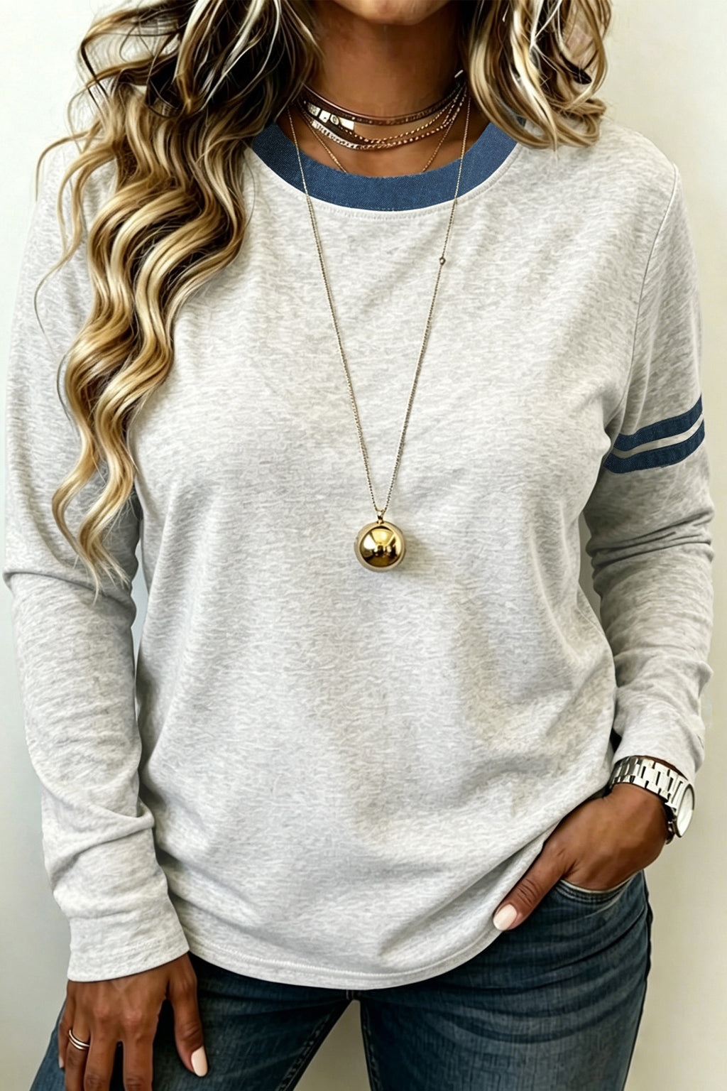 Gray Plus Size Colorblock Detail Round Neck Long Sleeve Top