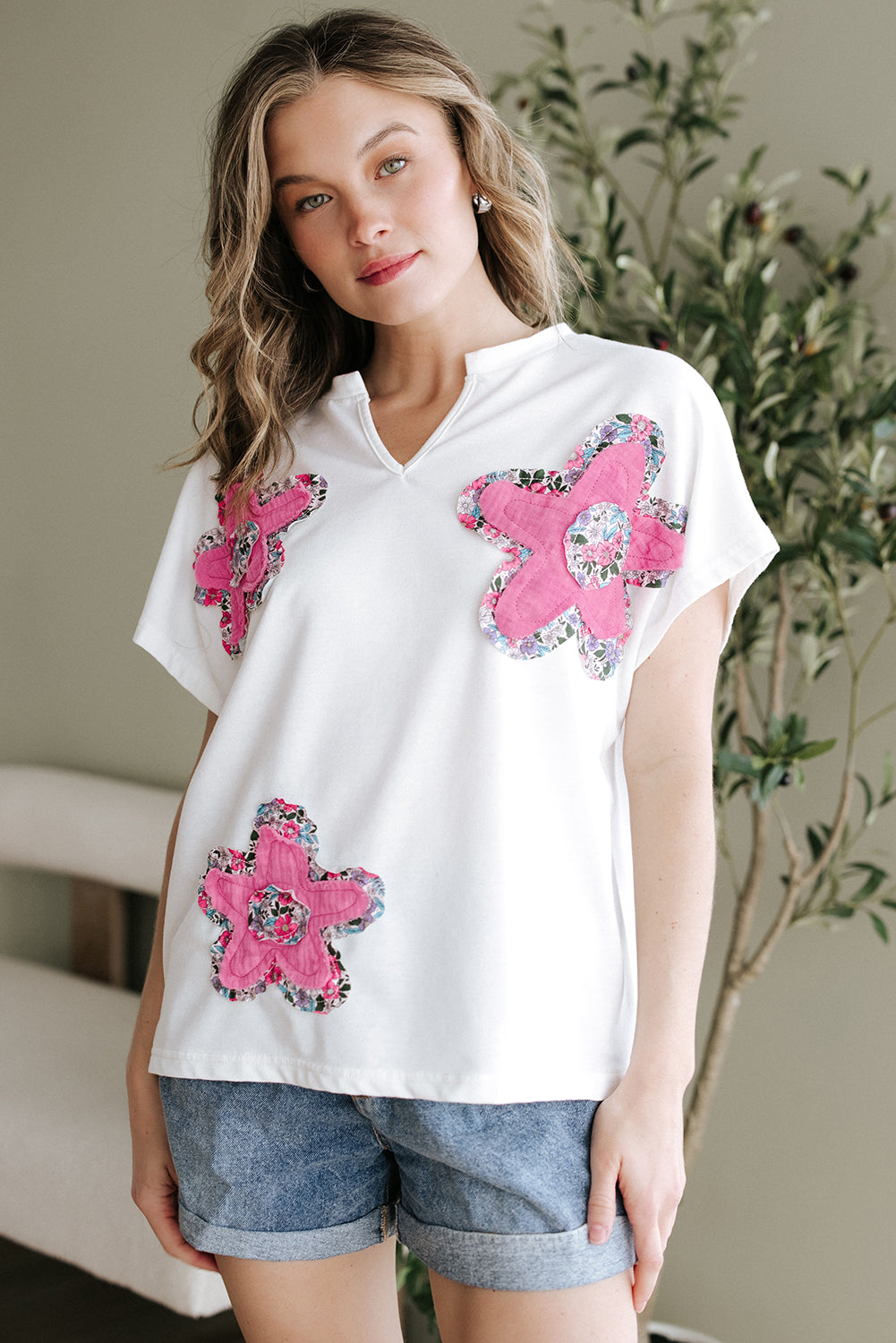 White Floral Applique Notched V Neck Dolman Sleeve Top