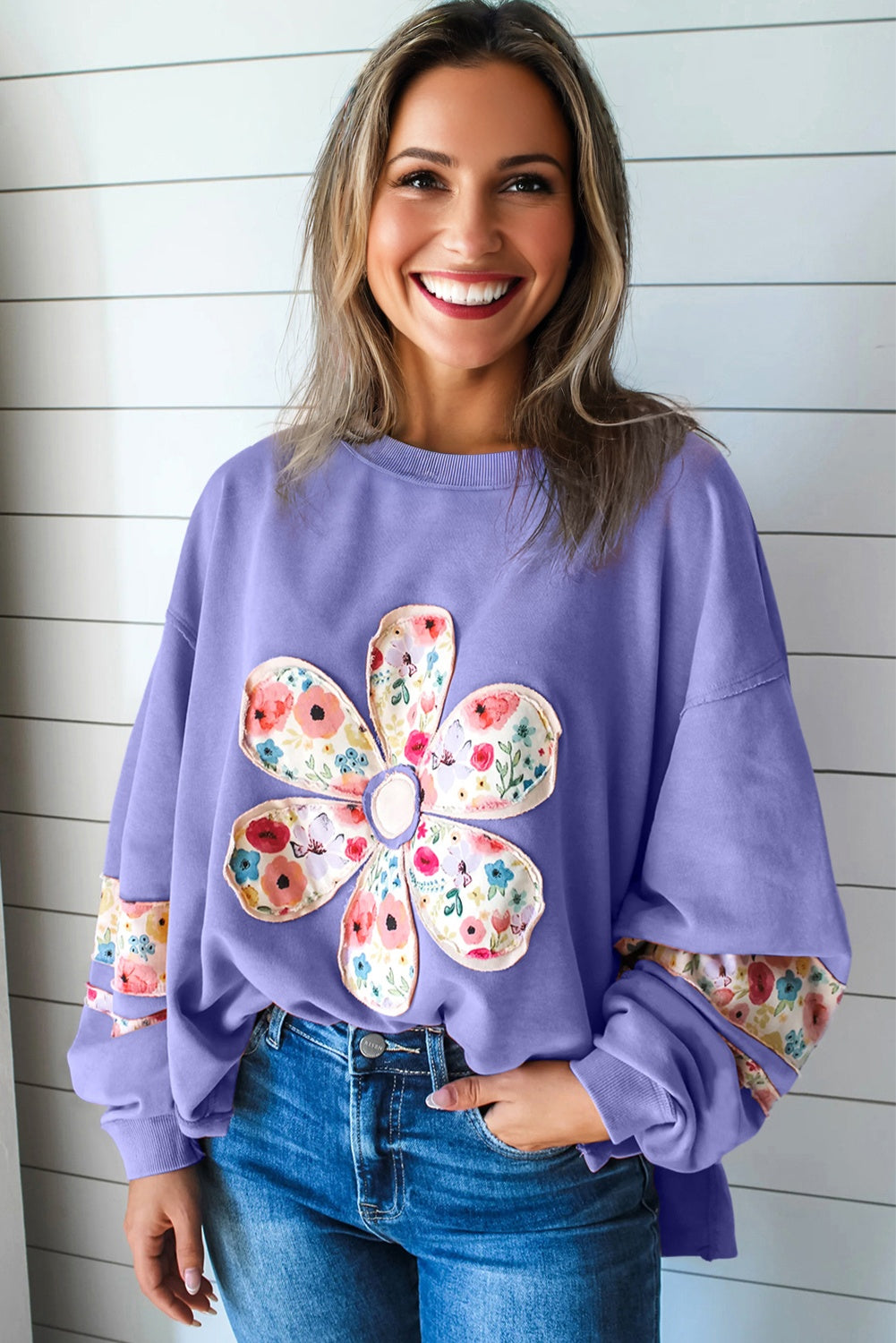 Pale Khaki Floral Applique Baggy Pullover Sweatshirt