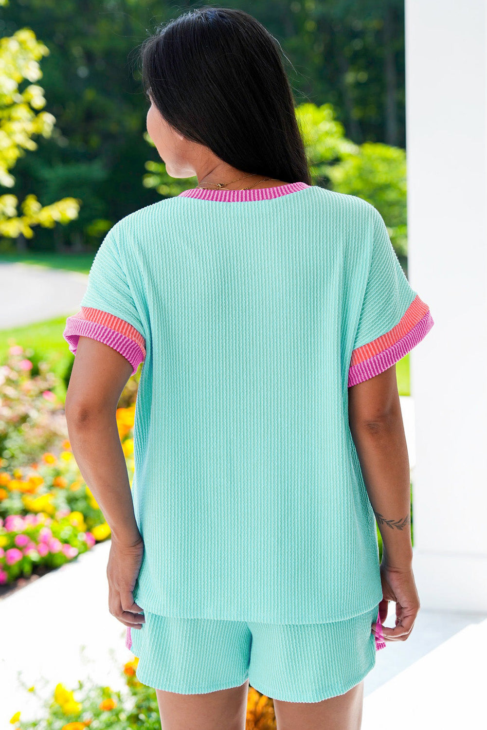 Bonbon Plus Size Color Block Corded Knit Tee and Shorts Set