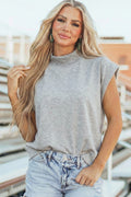 Light Grey Solid Color High Neck Cap Sleeve Loose Top