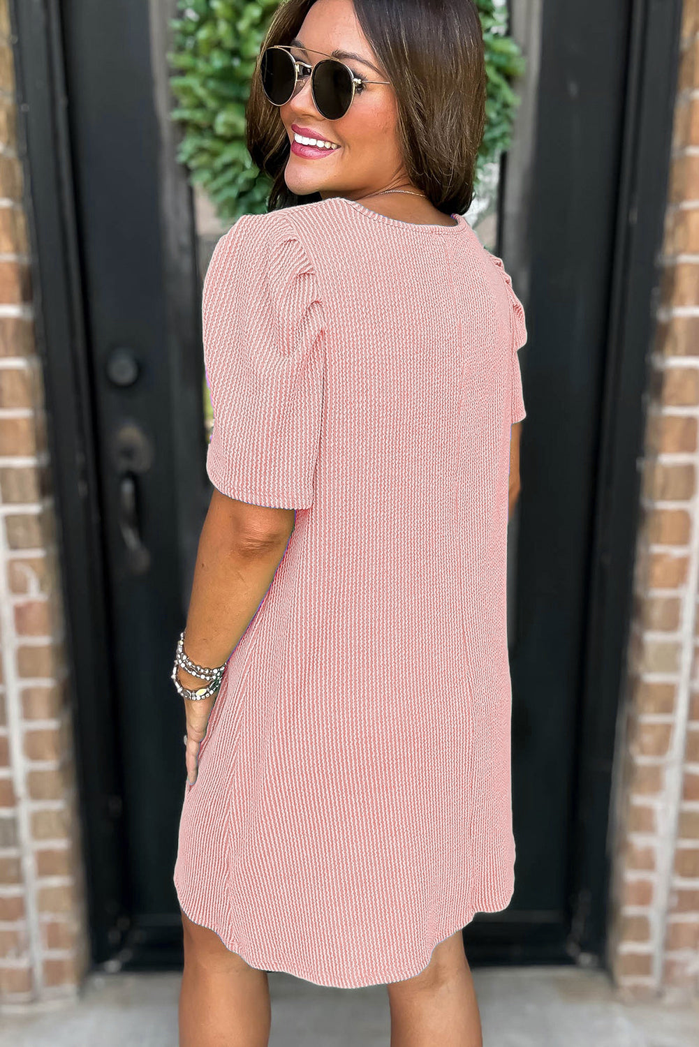 Blossom Corded Knit Crew Neck Puff Sleeve Shift Mini Dress