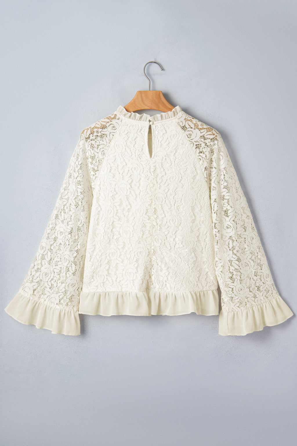 White Sheer Lace Long Sleeve Ruffle Trim Loose Blouse