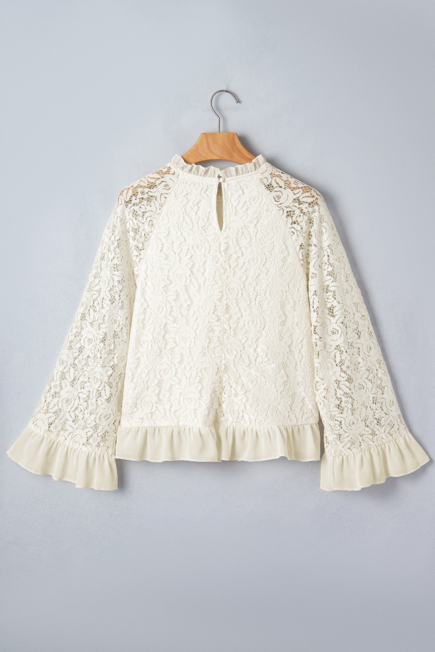 White Sheer Lace Long Sleeve Ruffle Trim Loose Blouse