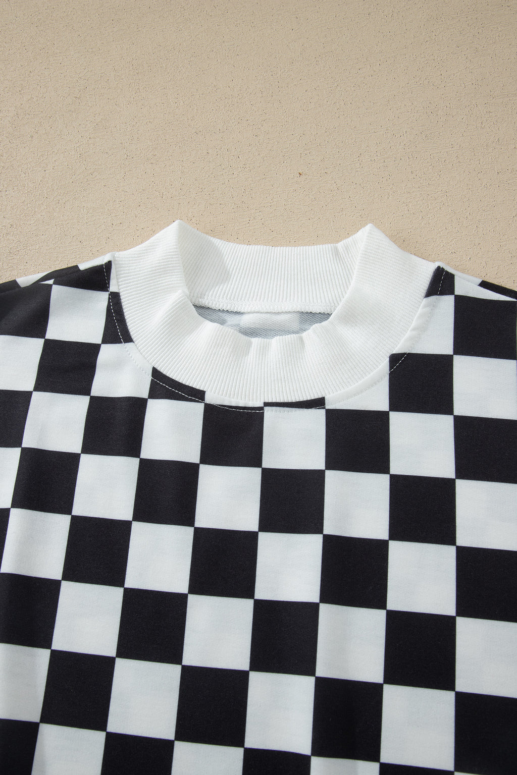 Pink Checkered Print Color Block Trim Mock Neck Short Set