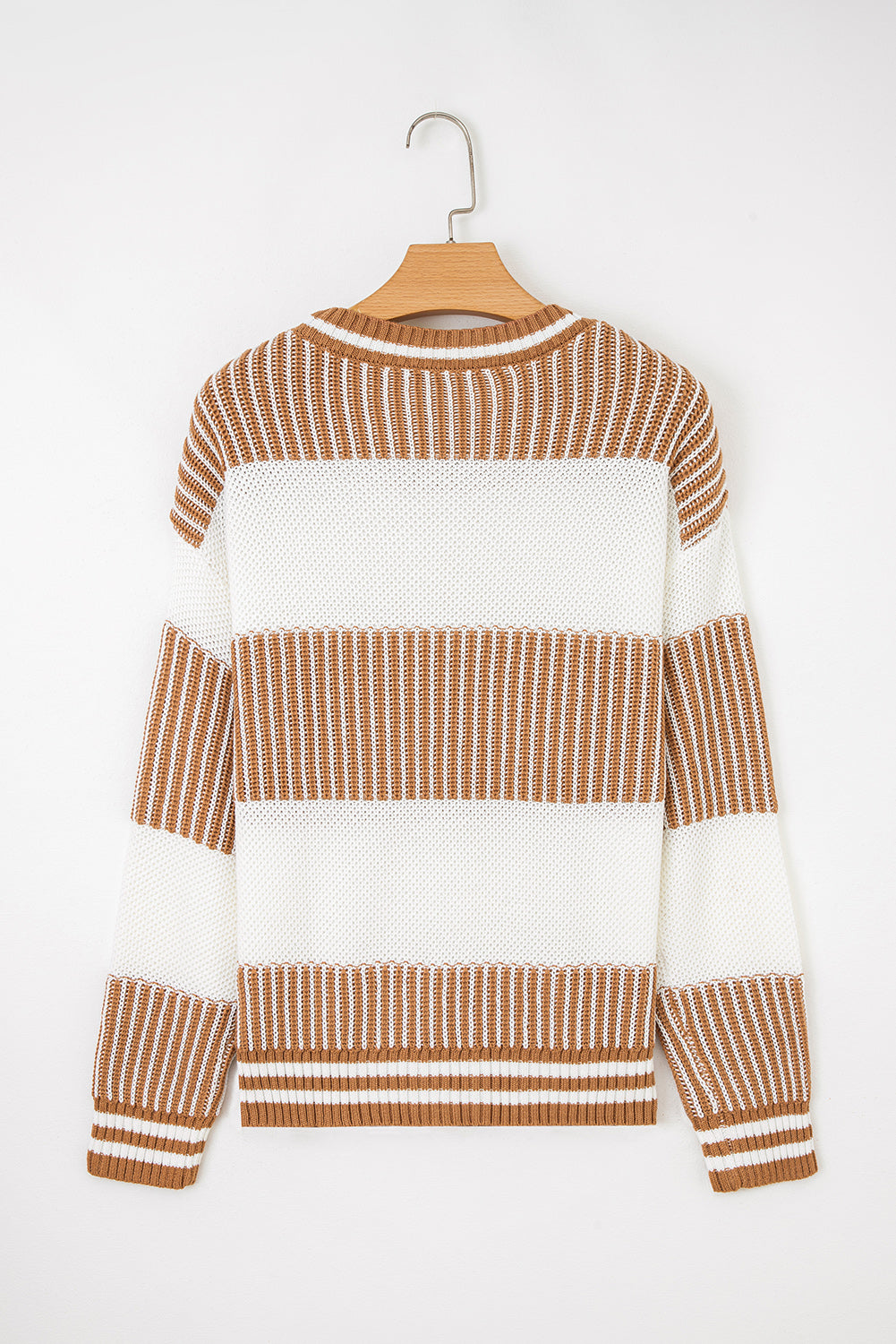 Khaki Two Tone Striped Patchwork Drop Shoulder Loose Sweater