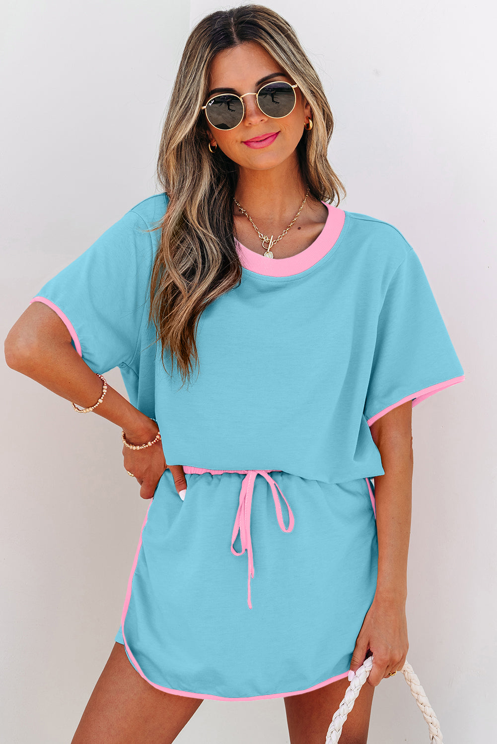Evergreen Colorblock Edge Drop Shoulder T Shirt and Skirt 2Pcs Set