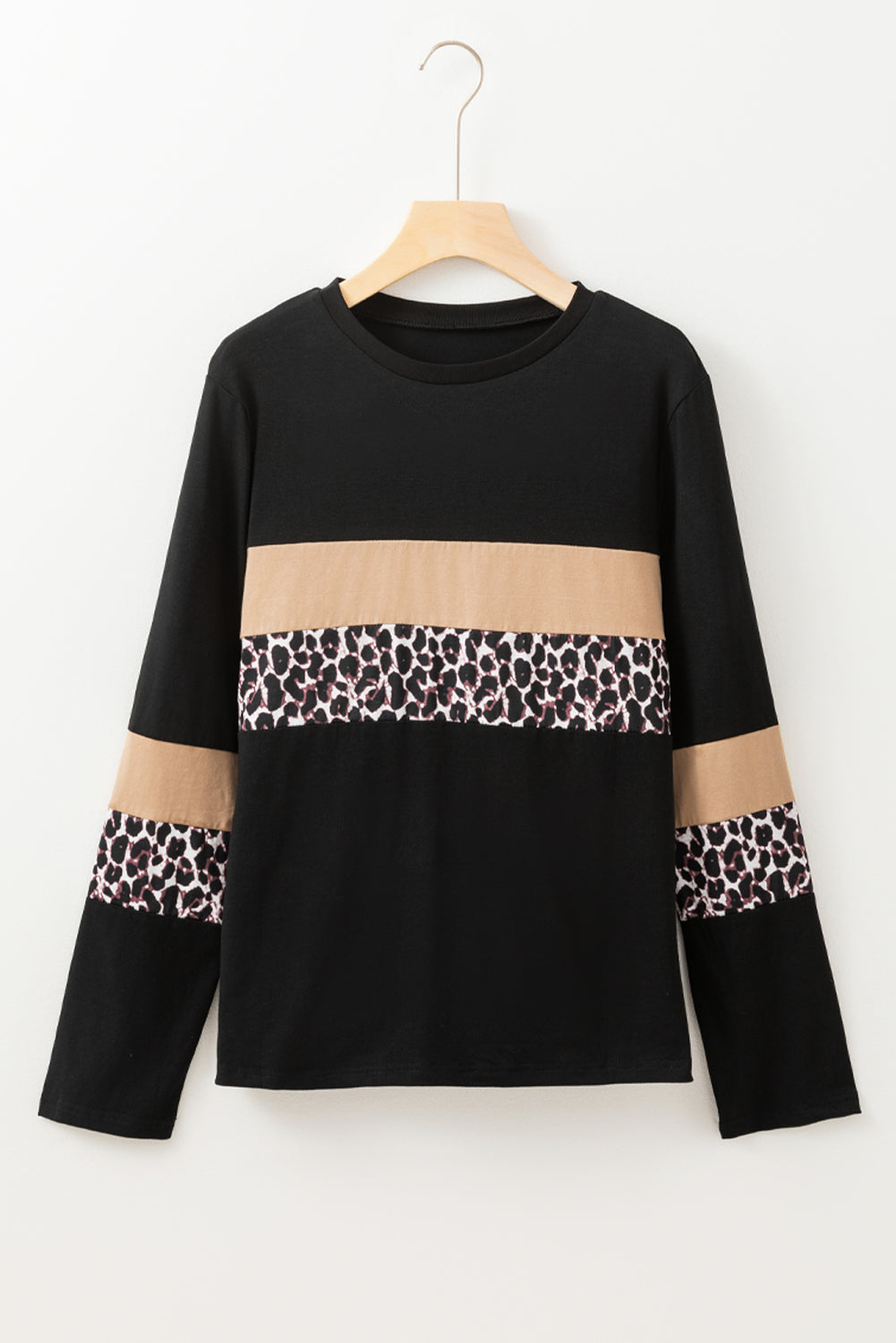 Rose Leopard Colorblock Patchwork Crew Neck Long Sleeve Tee