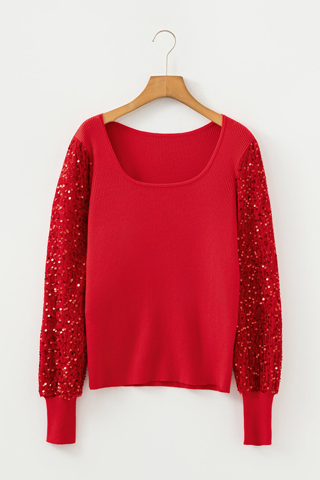 Fiery Red Sequin Sleeve Patchwork Ribbing Knit Square Neck Holiday Sweater