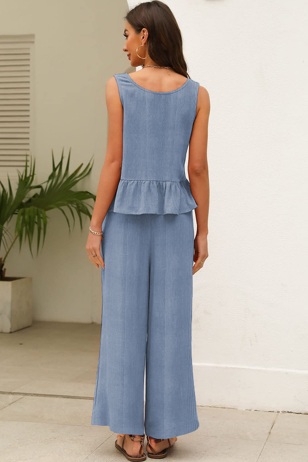 Green Solid Color Ribbed Ruffle Tank Top and Pants Set