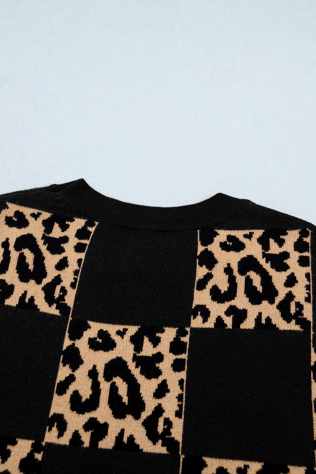 Rose Red Leopard Checkerboard Short Sleeve Knit Sweater