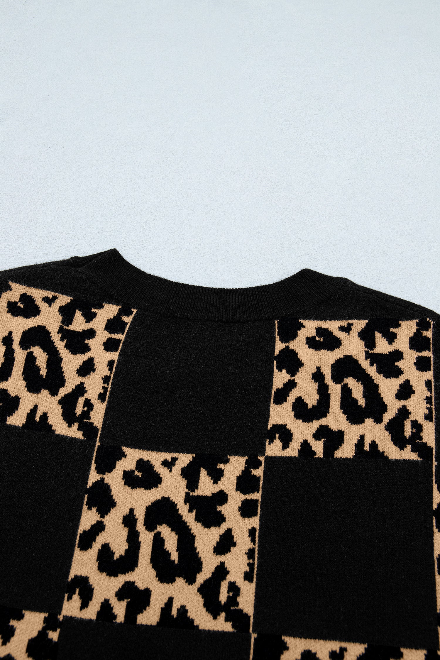 Rose Red Leopard Checkerboard Short Sleeve Knit Sweater
