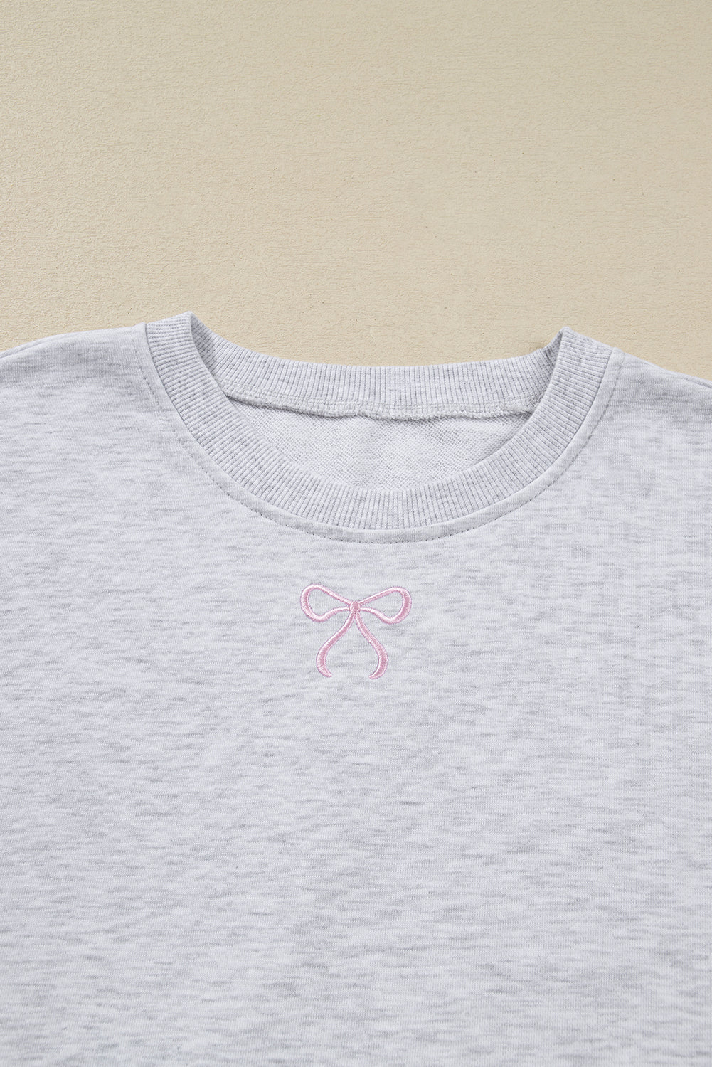 Light Grey Girly Bow Embroidered Puff Sleeve Pullover Loose Shorts Plus 2pcs Outfit