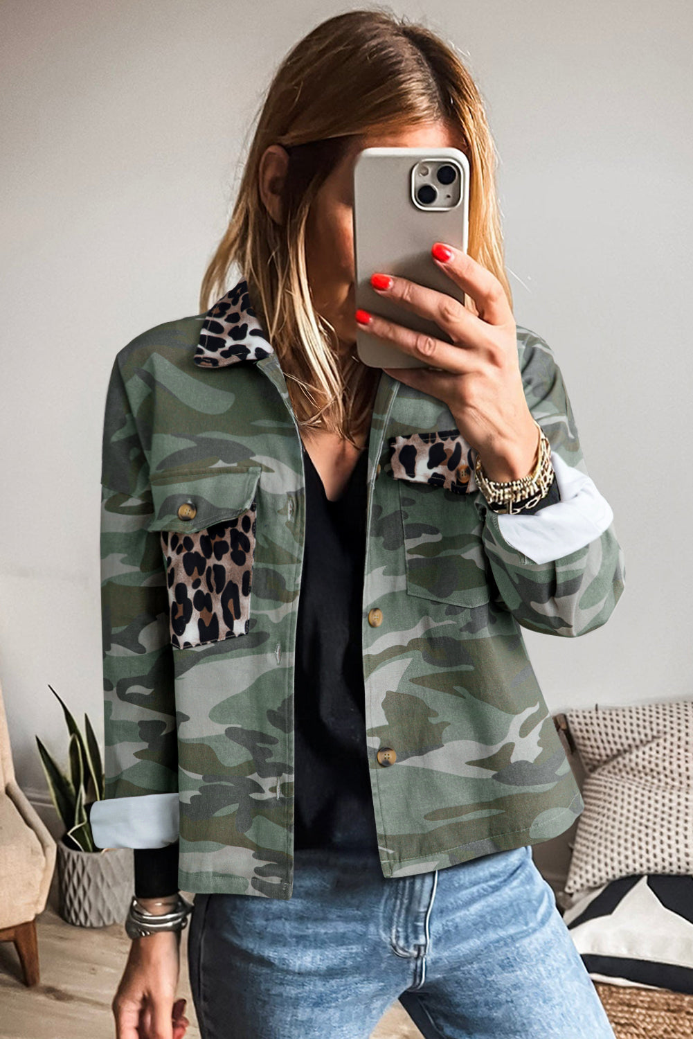 Green Camo Leopard Patchwork Flap Pocket Crop Jacket