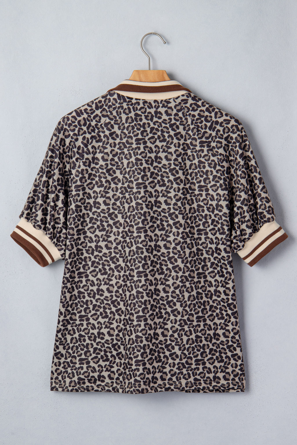 Brown Leopard Print Half Zip Striped Trim Patchwork Short Sleeve Top