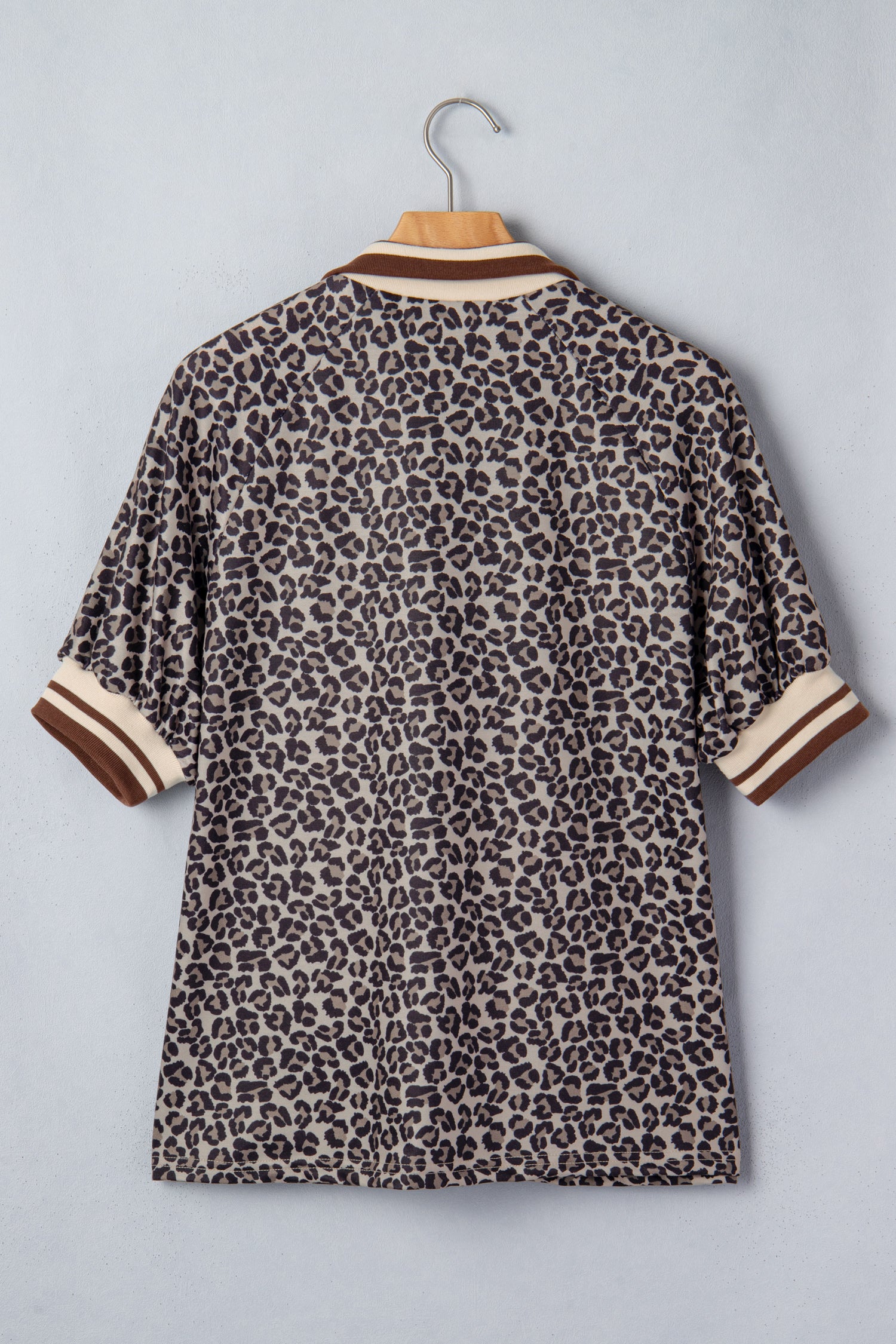 Brown Leopard Print Half Zip Striped Trim Patchwork Short Sleeve Top