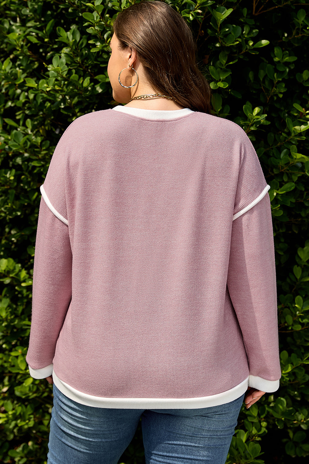 Light Pink Contrast Trim Knitted Drop Shoulder Plus Size Top