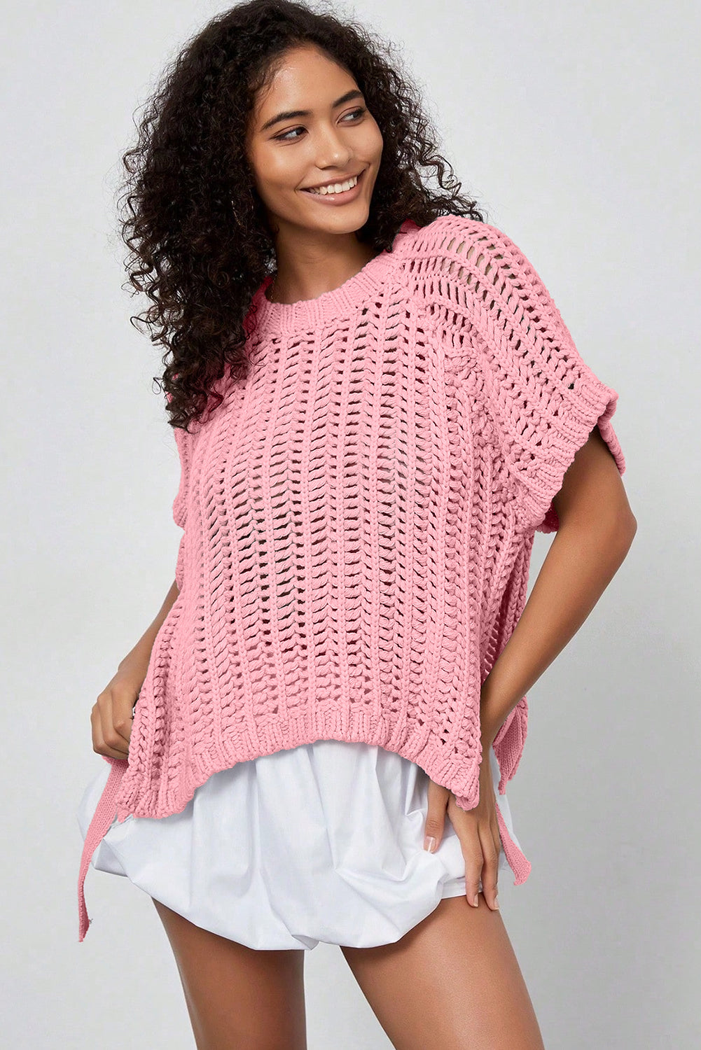 Apricot Plus Size Open Knit Bow Tie Short Sleeve Sweater