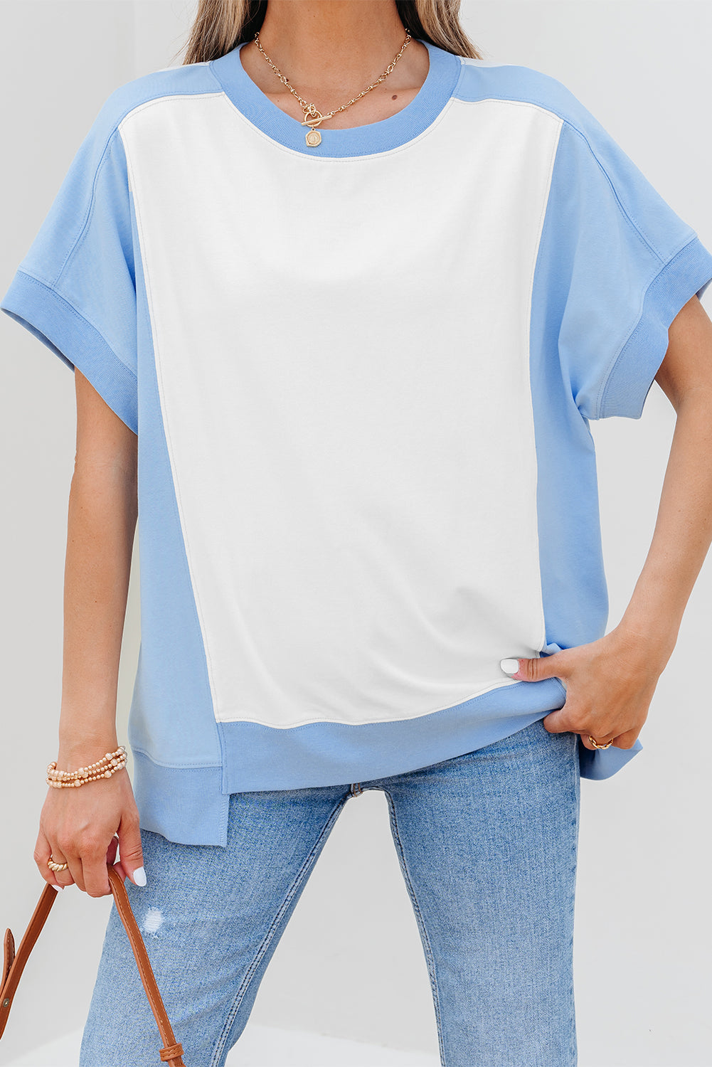 Light Green Color Block Exposed Seam Crew Neck T Shirt