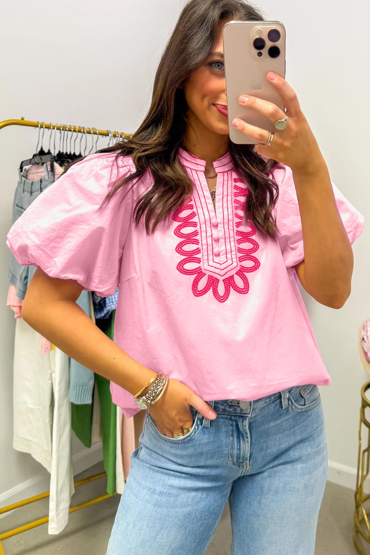 Pink Boho Embroidered Detail Puff Sleeve Cotton Blouse