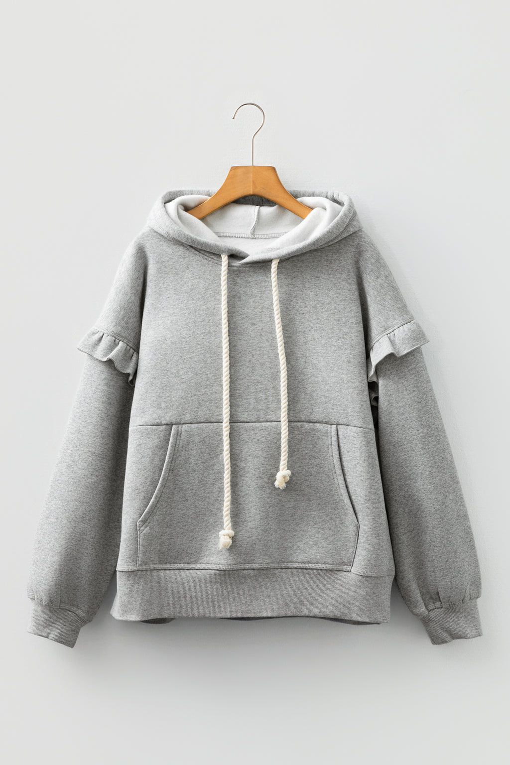 Gray Contrast Rope Drawstring Ruffle Trim Drop Shoulder Baggy Hoodie
