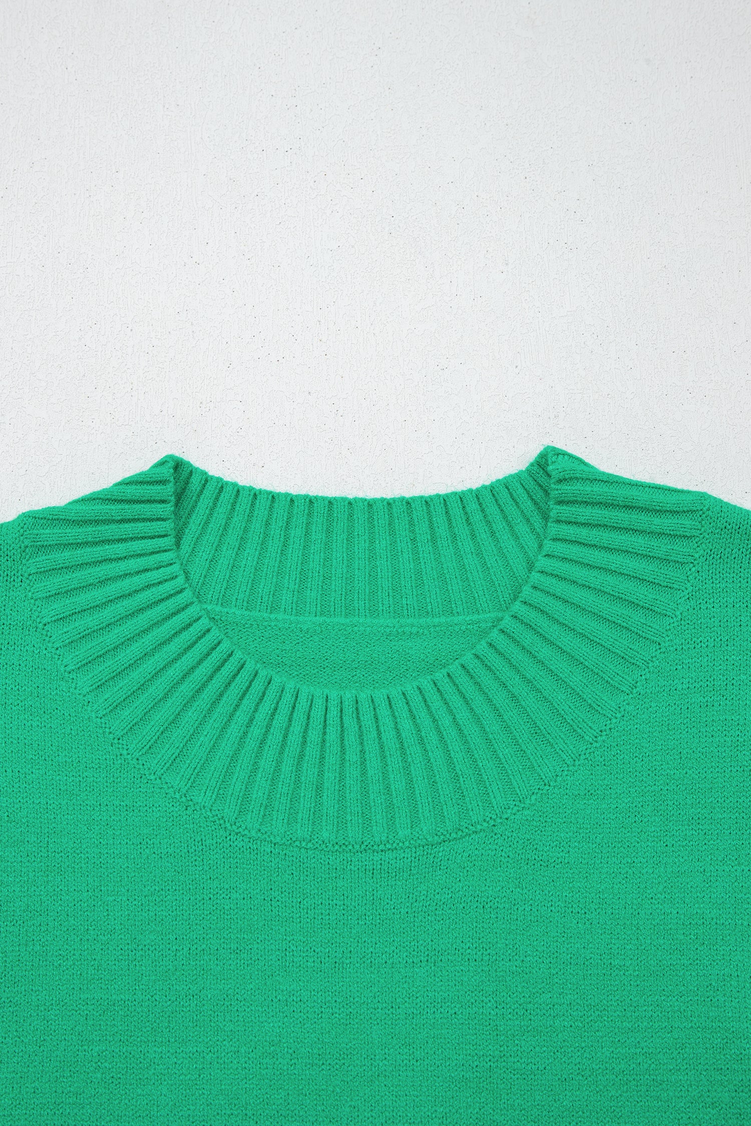 Beau Blue Solid Color Ribbed Trim Round Neck Ruffle Short Sleeve Sweater