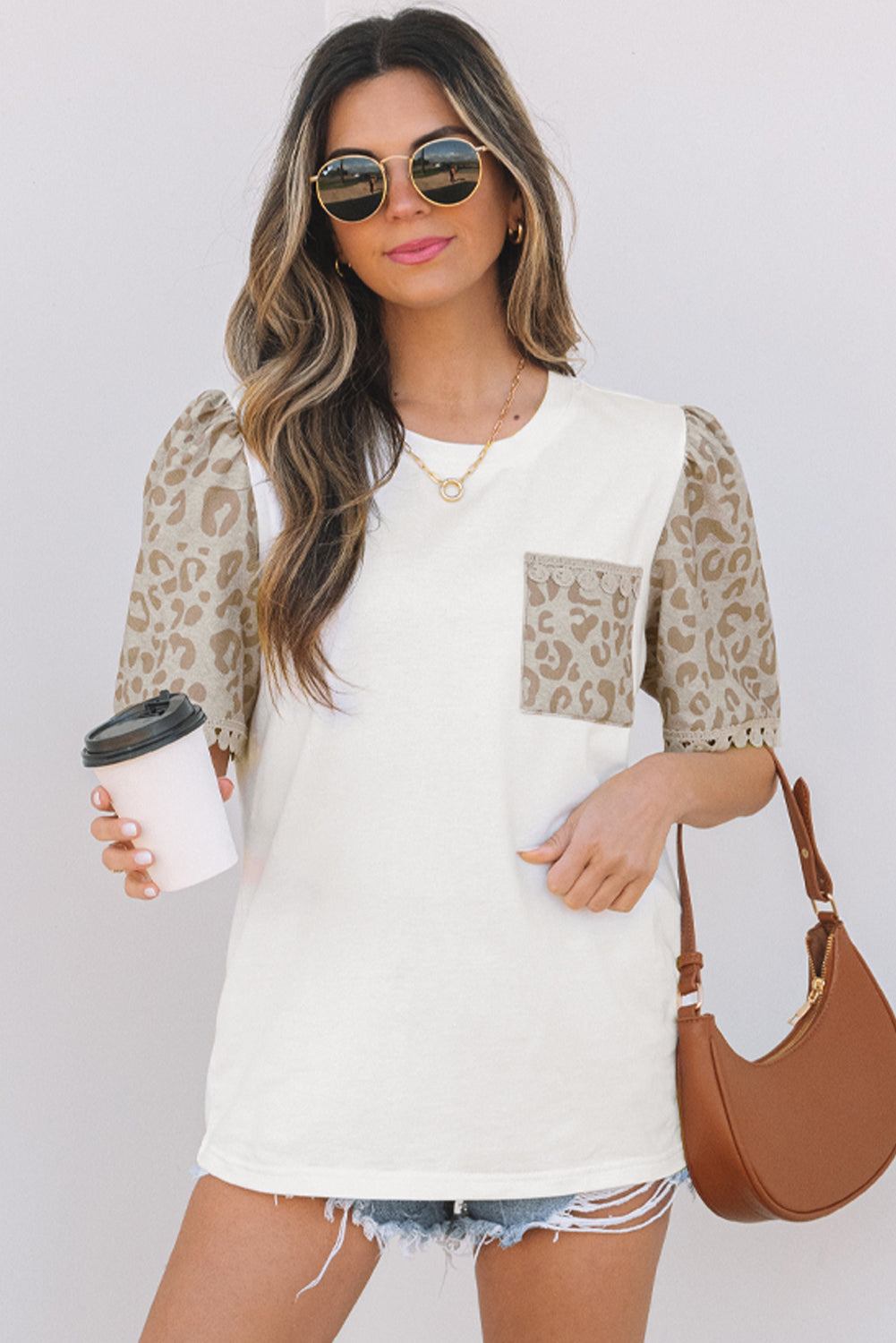 White Leopard Patchwork Crochet Lace Trim Puff Sleeve T Shirt