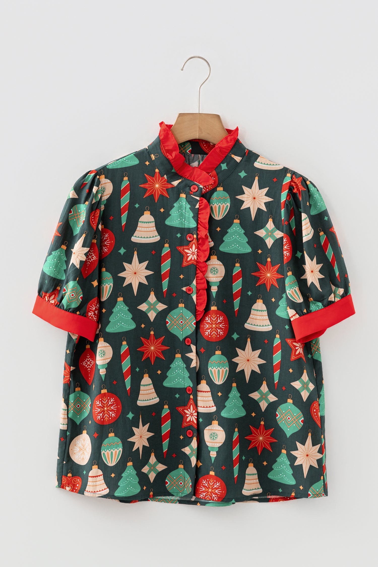 Green Christmas Fashion Print Contrast Trim Frilled Neck Short Sleeve Blouse