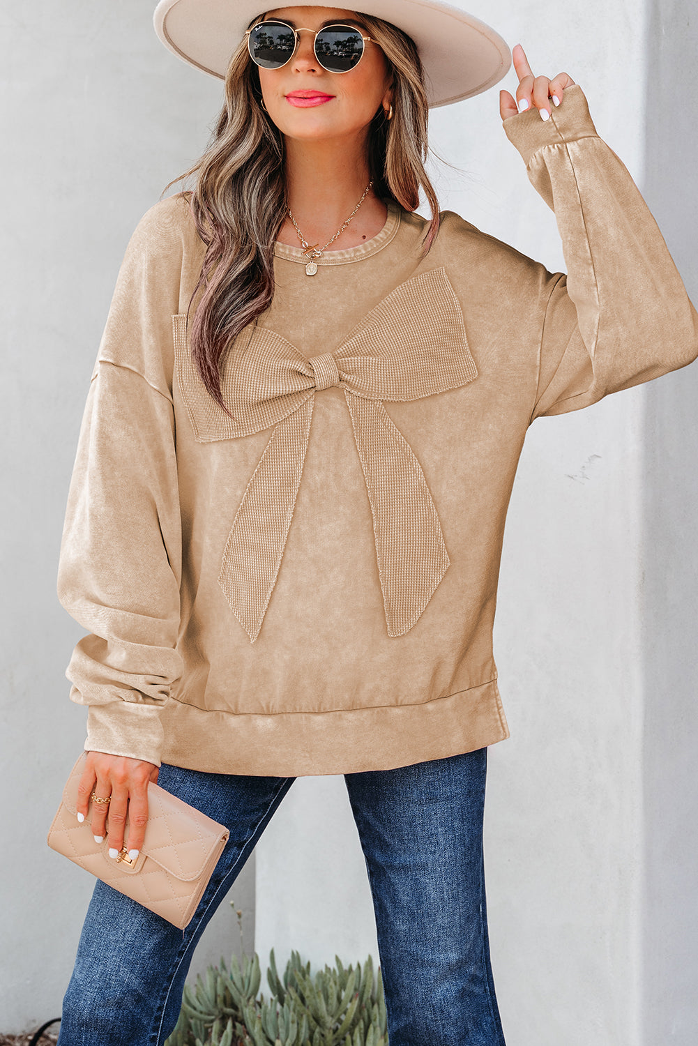 Bright Pink Mineral Wash Big Bow Patchwork Pullover Sweatshirt
