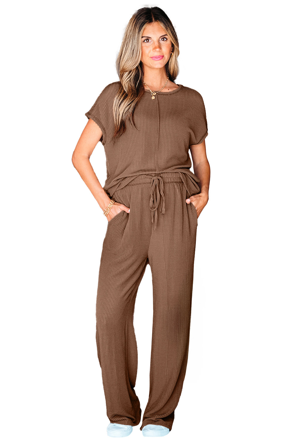 Coffee Solid Color Corded Short Sleeve Top and Casual Pants Set