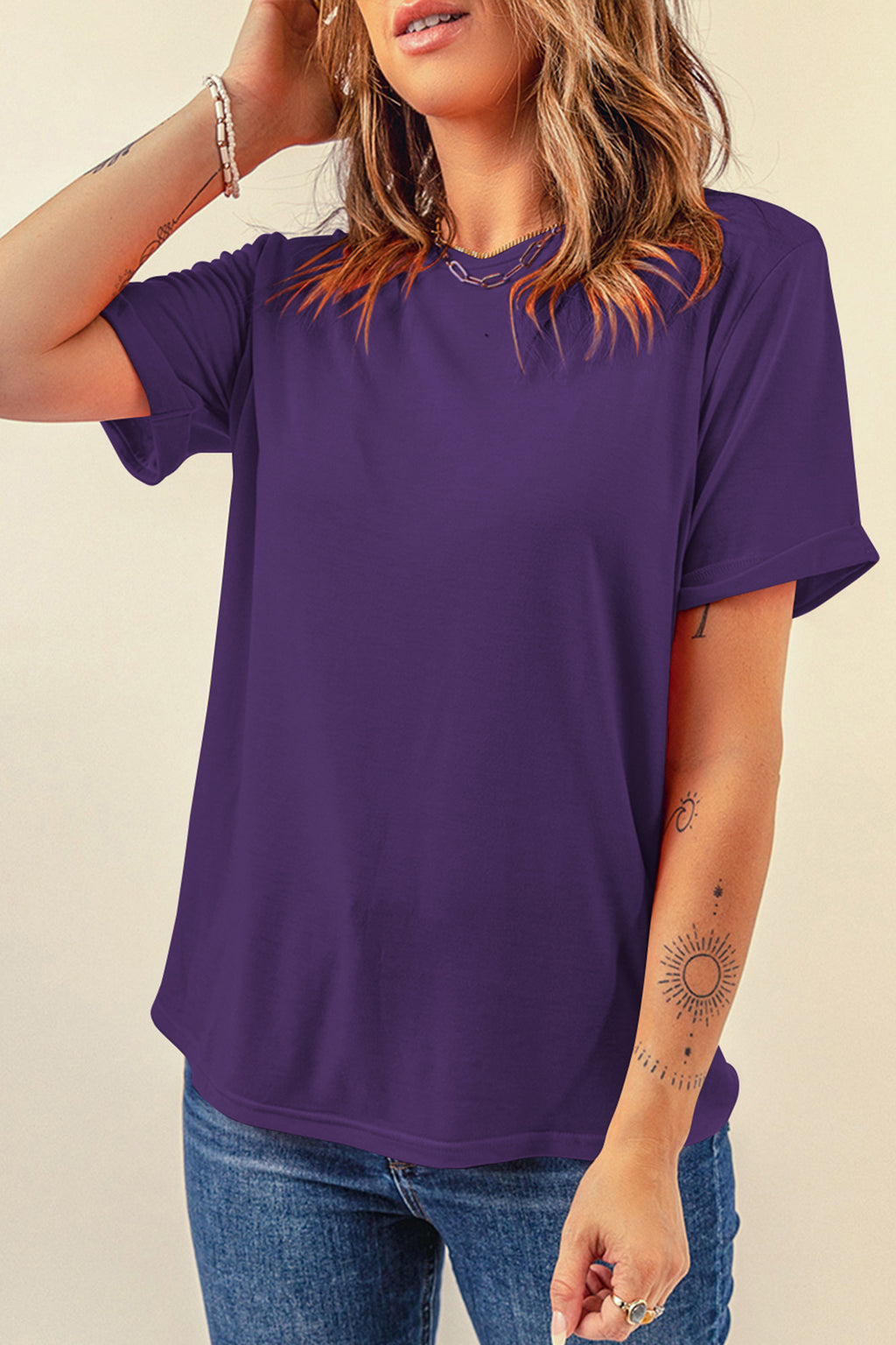 Dark Blue Casual Plain Crew Neck Tee
