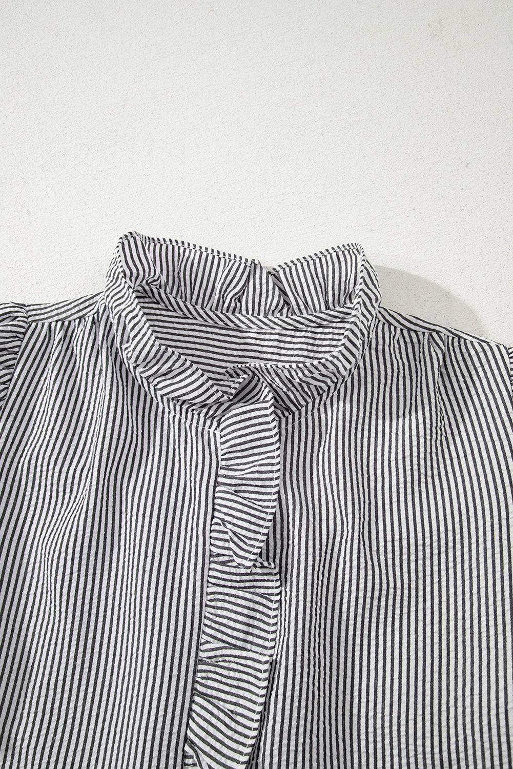 White Striped Ruffle Short Bubble Sleeve Shirt