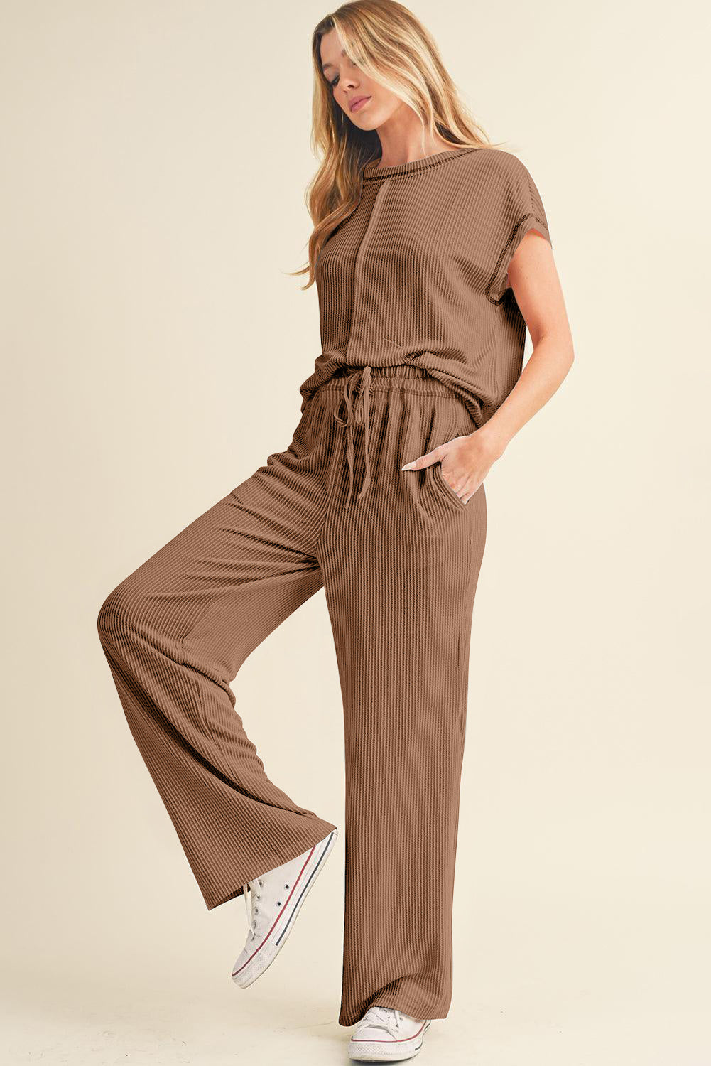 Coffee Solid Color Corded Short Sleeve Top and Casual Pants Set