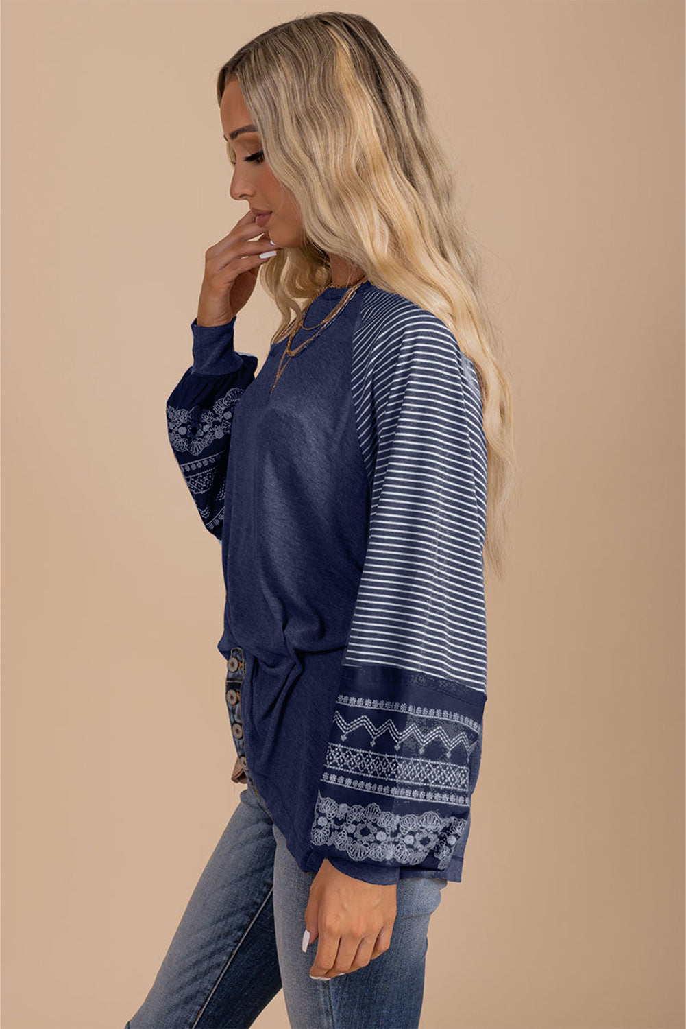 Mineral Red Contrast Print Striped Raglan Long Sleeve Loose Top