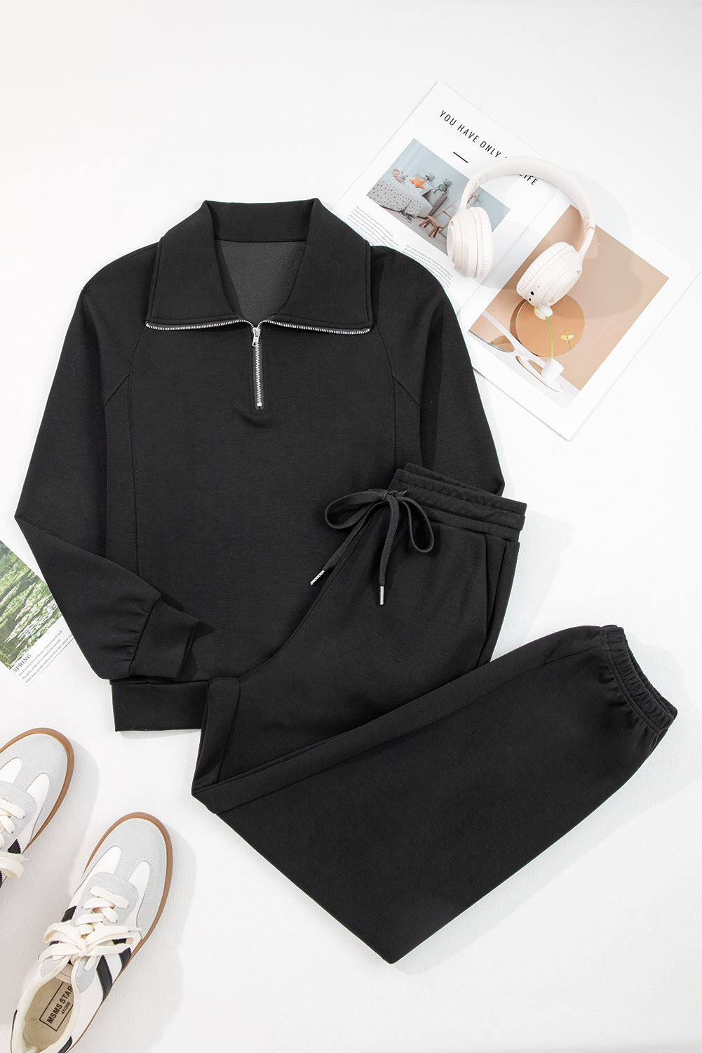 Goat Zip Collar Long Sleeve Top Drawstring Pants Set