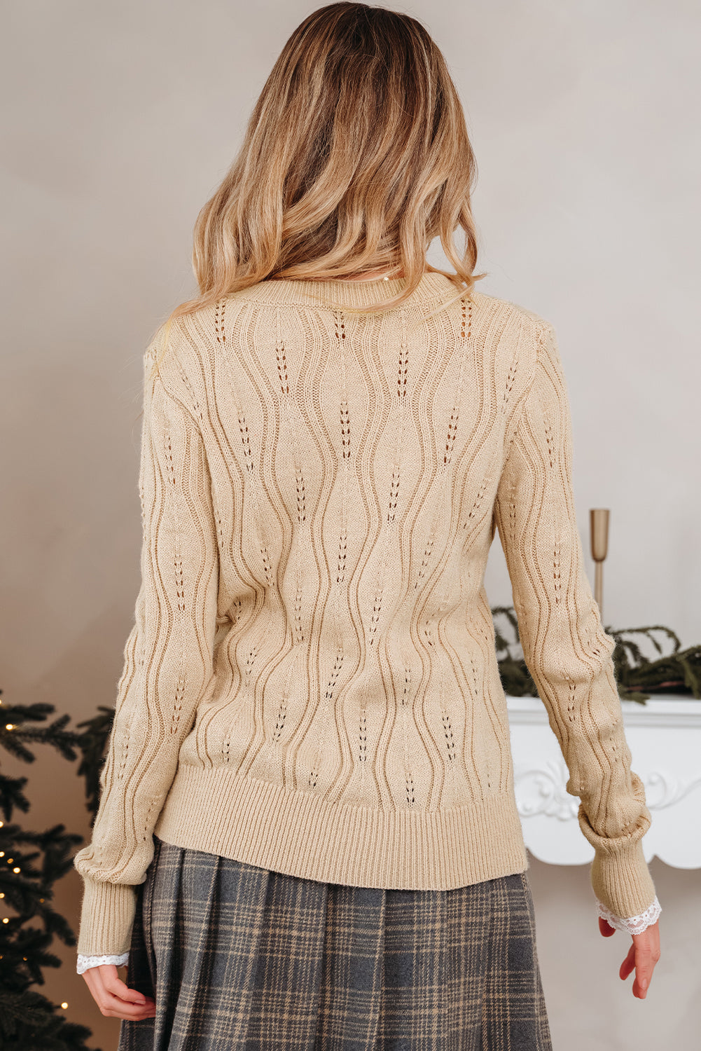 Smoke Gray Pearl Beaded Pointelle Knit V Neck Lace Patchwork Sleeve Sweater