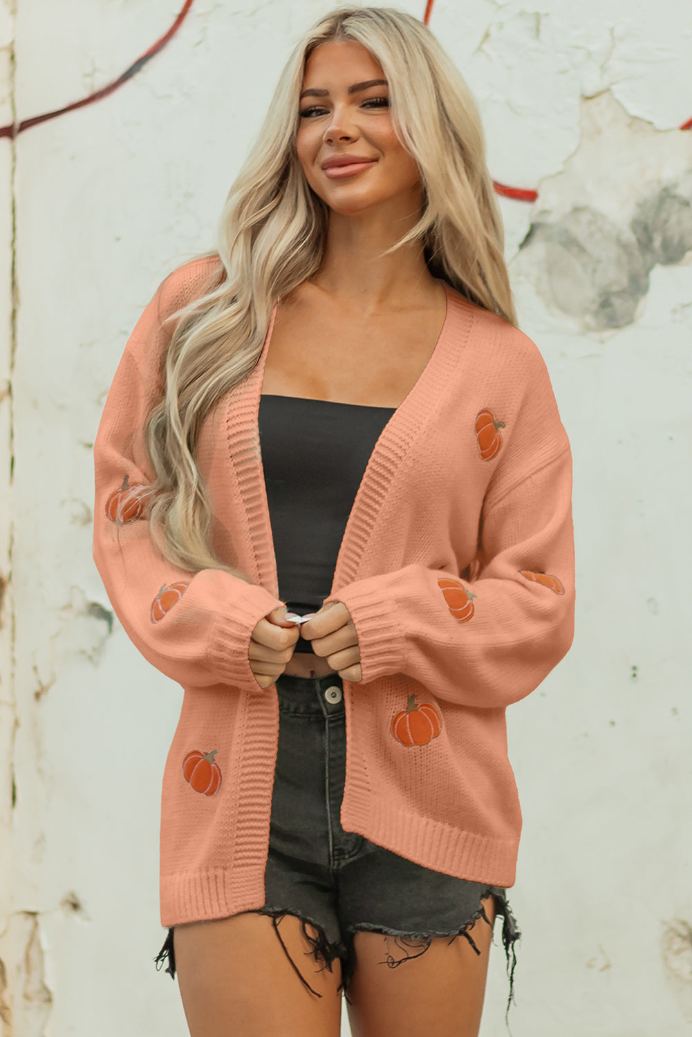 Light Pink Christmas Tree Print Open Front Drop Shoulder Midi Cardigan